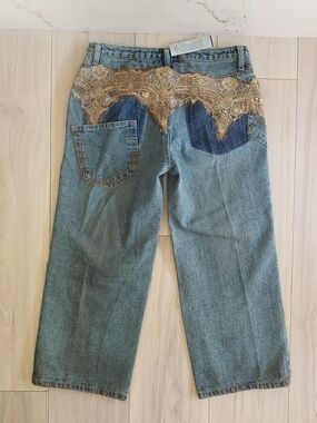 Cache Blue Straight-Leg Jeans with Gold Lace Embellishment